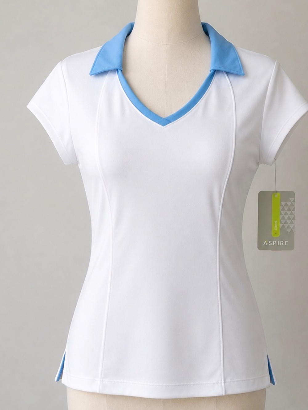 Aspire Athletic Top Womens Size M  White Blue Tennis Golf Polo Shirt NWT